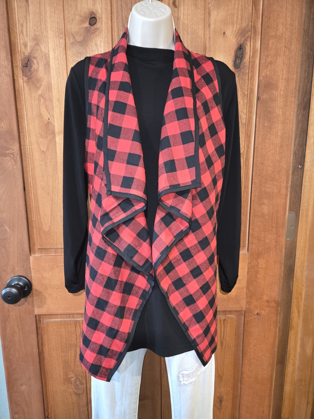 Plaid‎ Open-Front Vest - Red/Black Buffalo Check